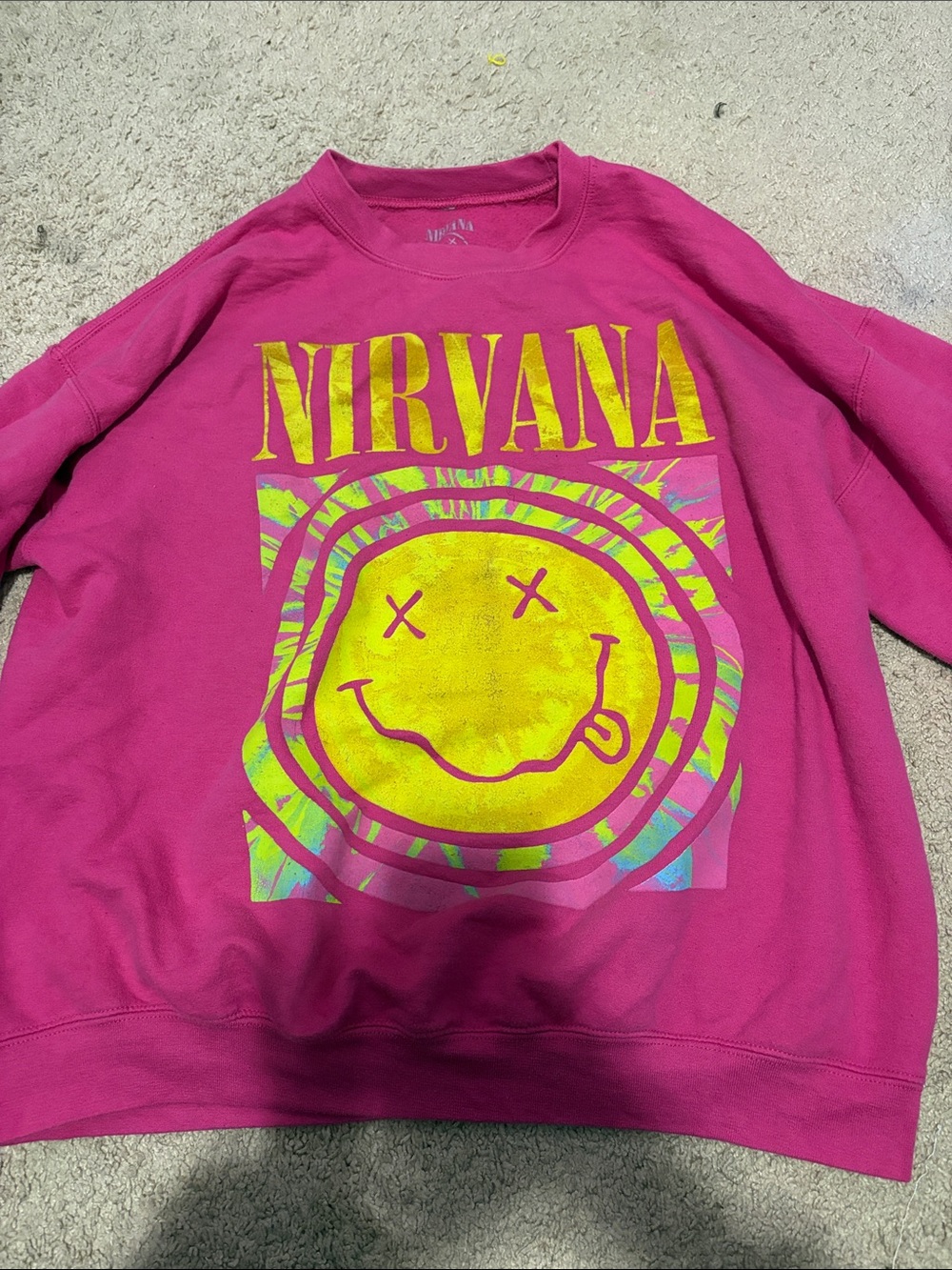 NIRVANA Bright Pink Sweatshirt with Yellow Smiley Graphic